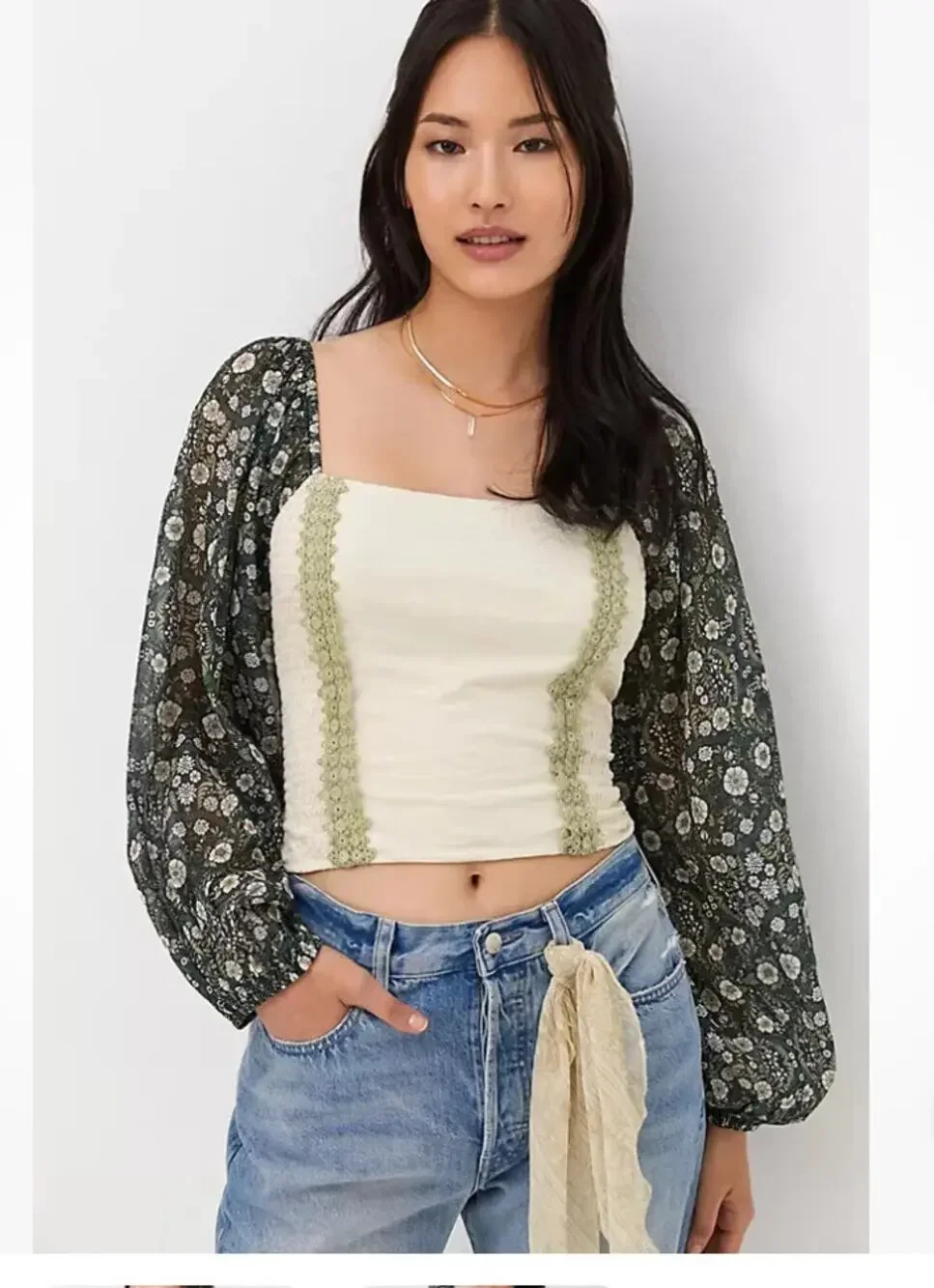 Anthropologie Forever that Girl Corset Style Puff Sleeve Top Botanical Print S